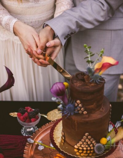 A couple cutting their two-tiered chocolate wedding cake at their wedding